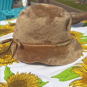 Betmar Tan Faux Fur Hat with Gold Chain